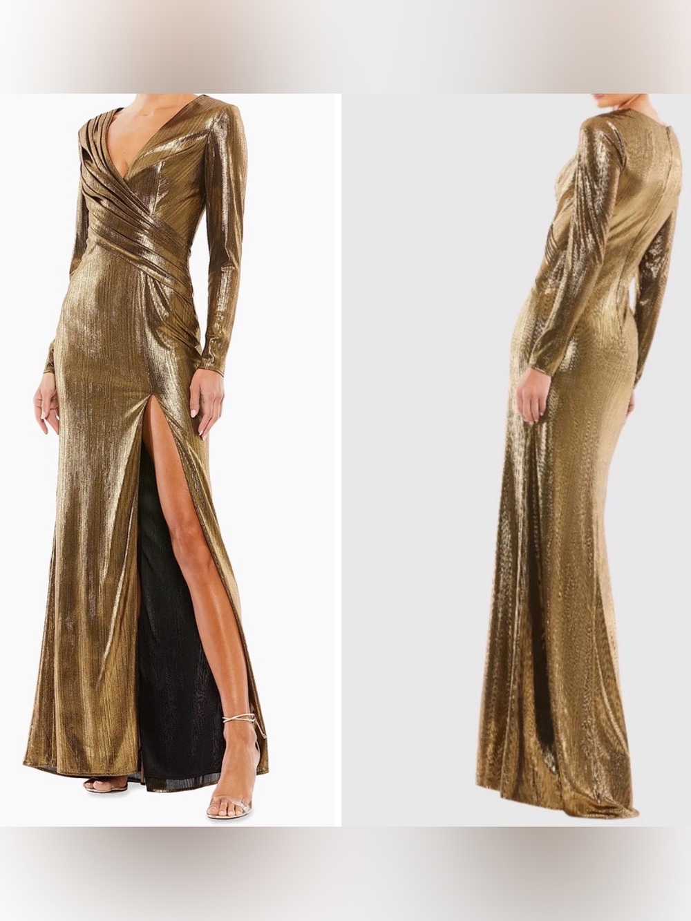 Mac Duggal Metallic Long-Sleeve Asymmetrical Ruched Gown IEENA Collection, 0